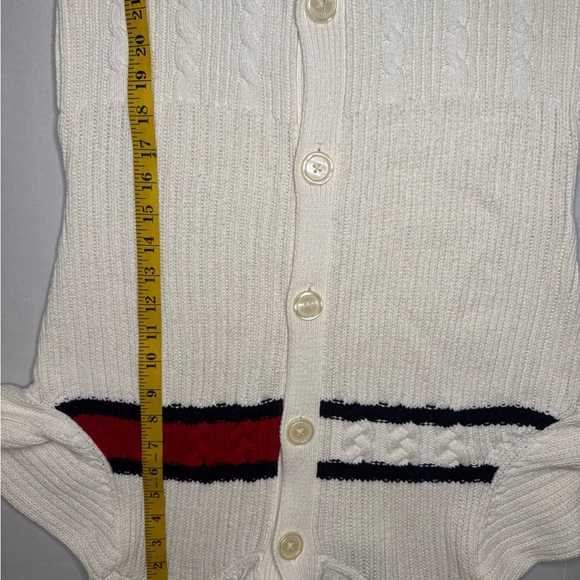 Tommy Hilfiger 90's White Blue and Red Classic Cable Knit Cardigan Size Large - Picture 10 of 14